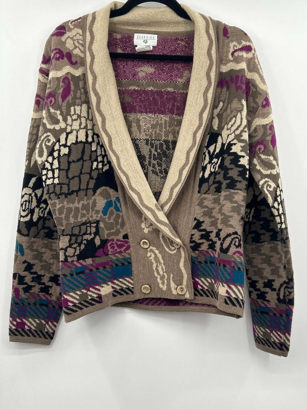 Georgiou Small Wool Blend Jacquard Cardigan Boho Art Knit Metallic Lurex Sweater